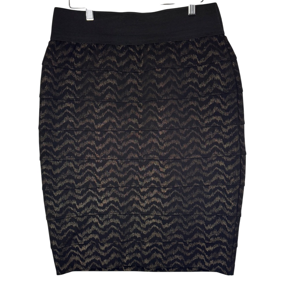 Thalia Sodi‎ Womens Medium Black Gold Metallic Pencil Skirt Chevron Stretch